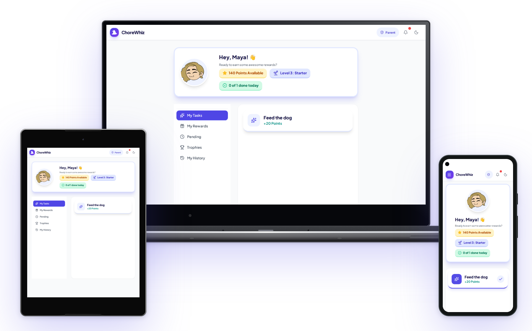 ChoreWhiz open on a laptop, a tablet and a phone, each showing the same child's chore list.